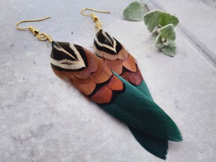 Three Tier Iridescent Orange and Green Feather Earrings